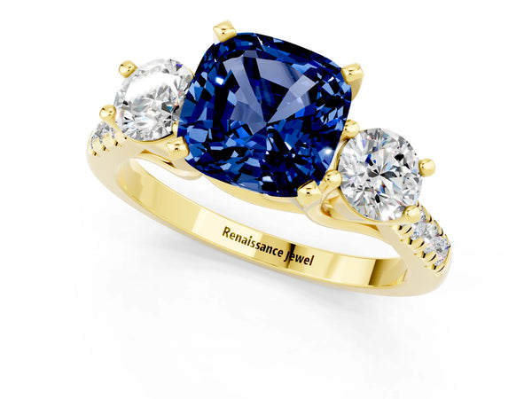 Yellow gold Three-Stone Cushion Cut Blue Sapphire Pavé Band with Four-Prong Setting