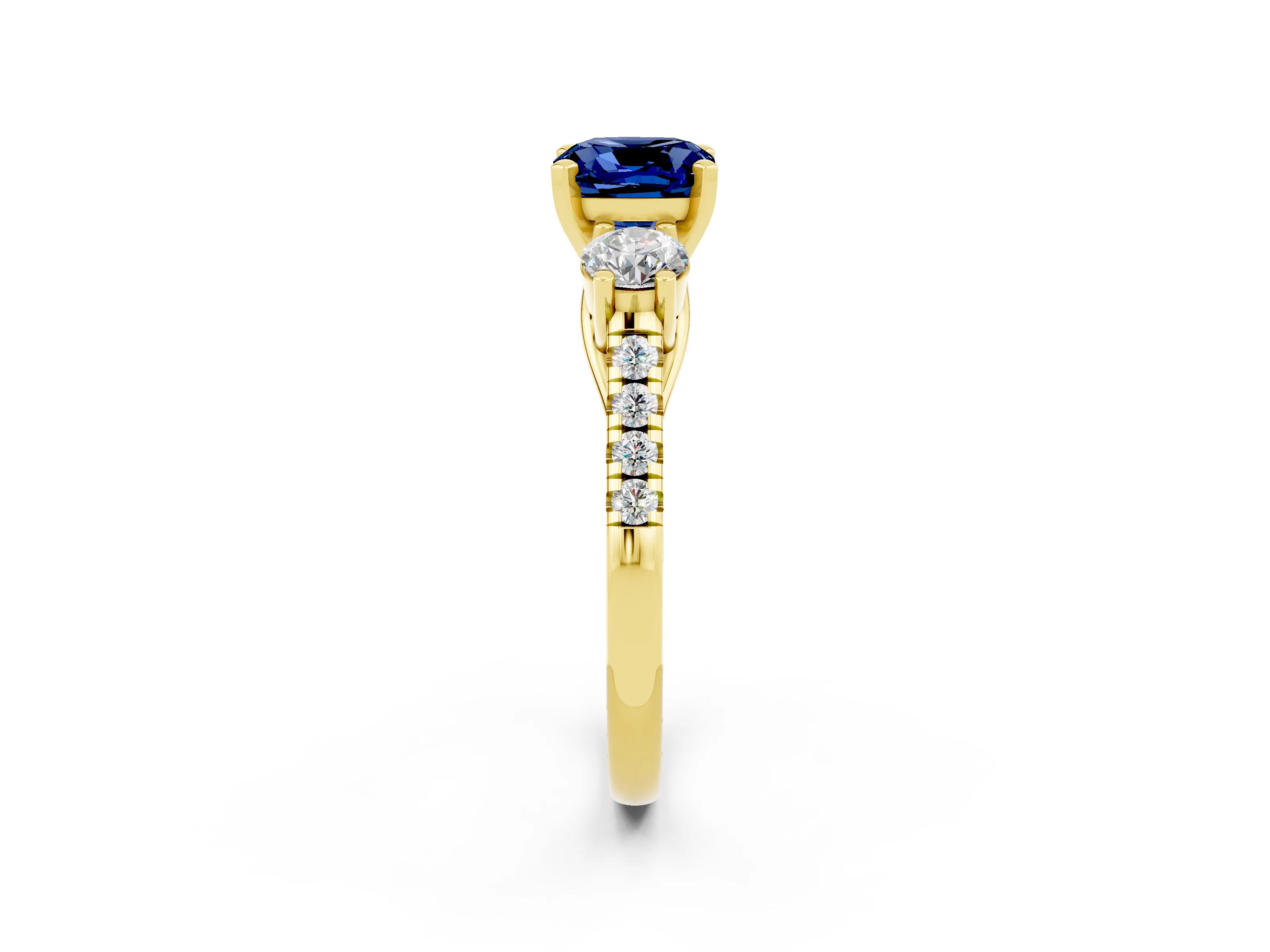 Yellow gold Three-Stone Cushion Cut Blue Sapphire Pavé Band with Four-Prong Setting_2