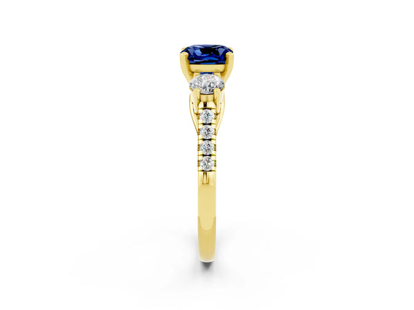 Yellow gold Three-Stone Cushion Cut Blue Sapphire Pavé Band with Four-Prong Setting