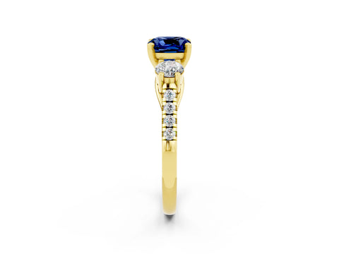 Yellow gold Three-Stone Cushion Cut Blue Sapphire Pavé Band with Four-Prong Setting_2