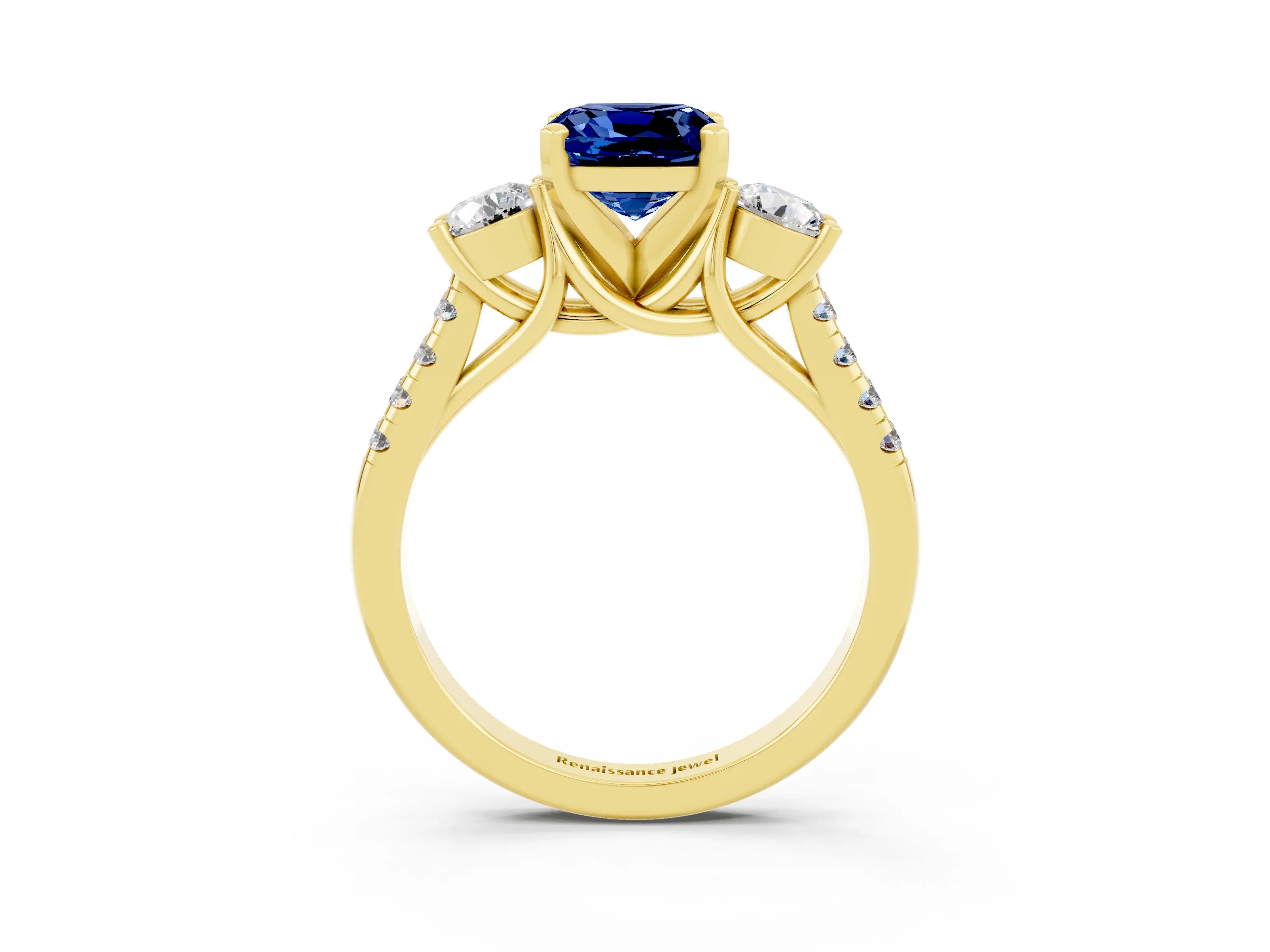 Yellow gold Three-Stone Cushion Cut Blue Sapphire Pavé Band with Four-Prong Setting_3