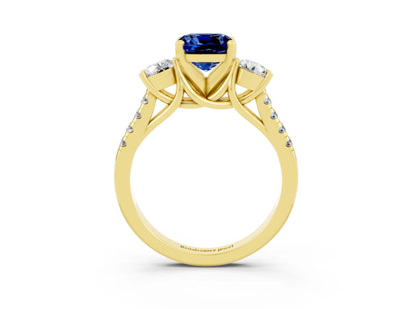 Yellow gold Three-Stone Cushion Cut Blue Sapphire Pavé Band with Four-Prong Setting