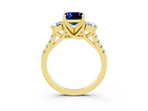 Yellow gold Three-Stone Cushion Cut Blue Sapphire Pavé Band with Four-Prong Setting_3