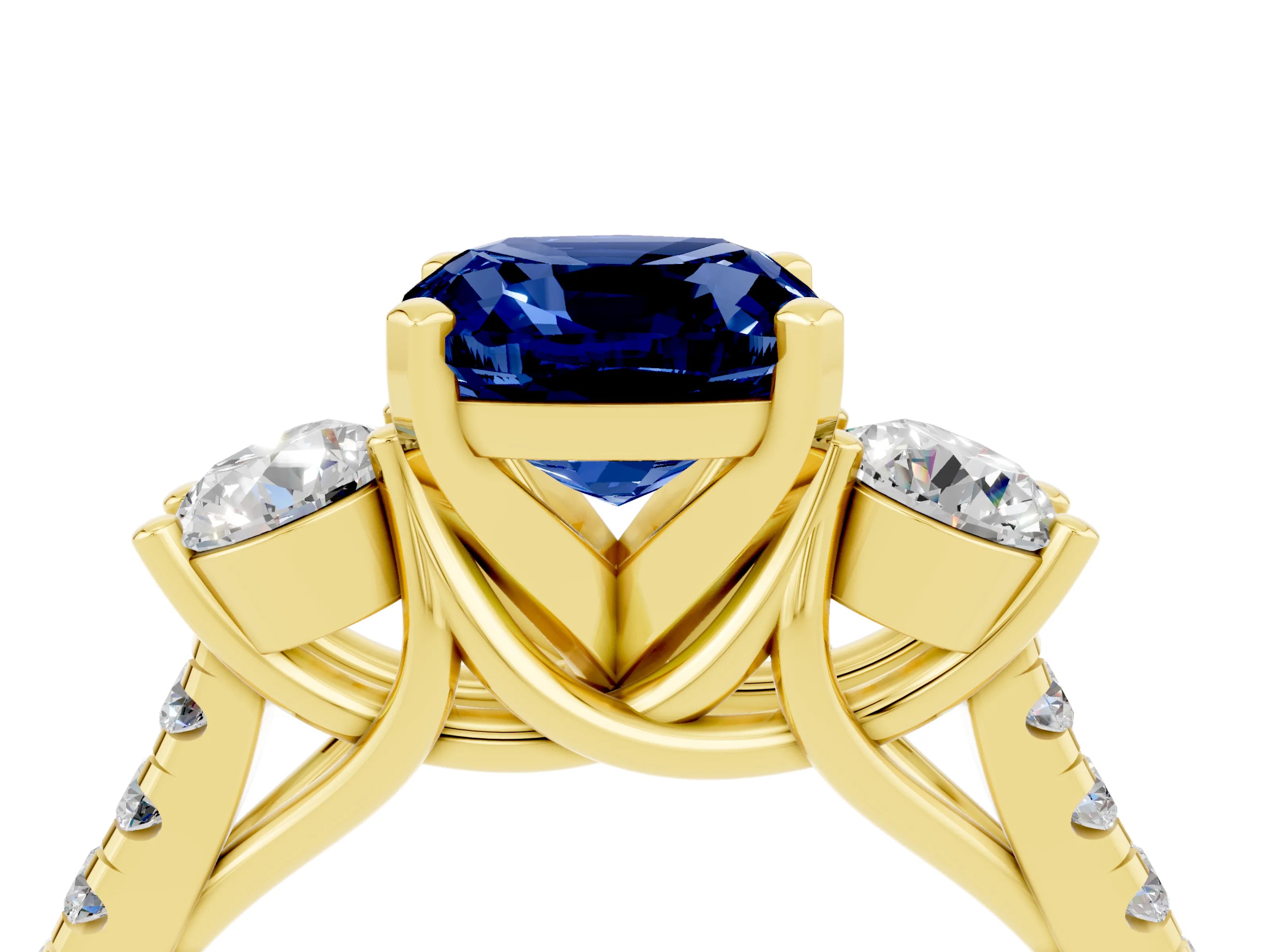 Yellow gold Three-Stone Cushion Cut Blue Sapphire Pavé Band with Four-Prong Setting_4