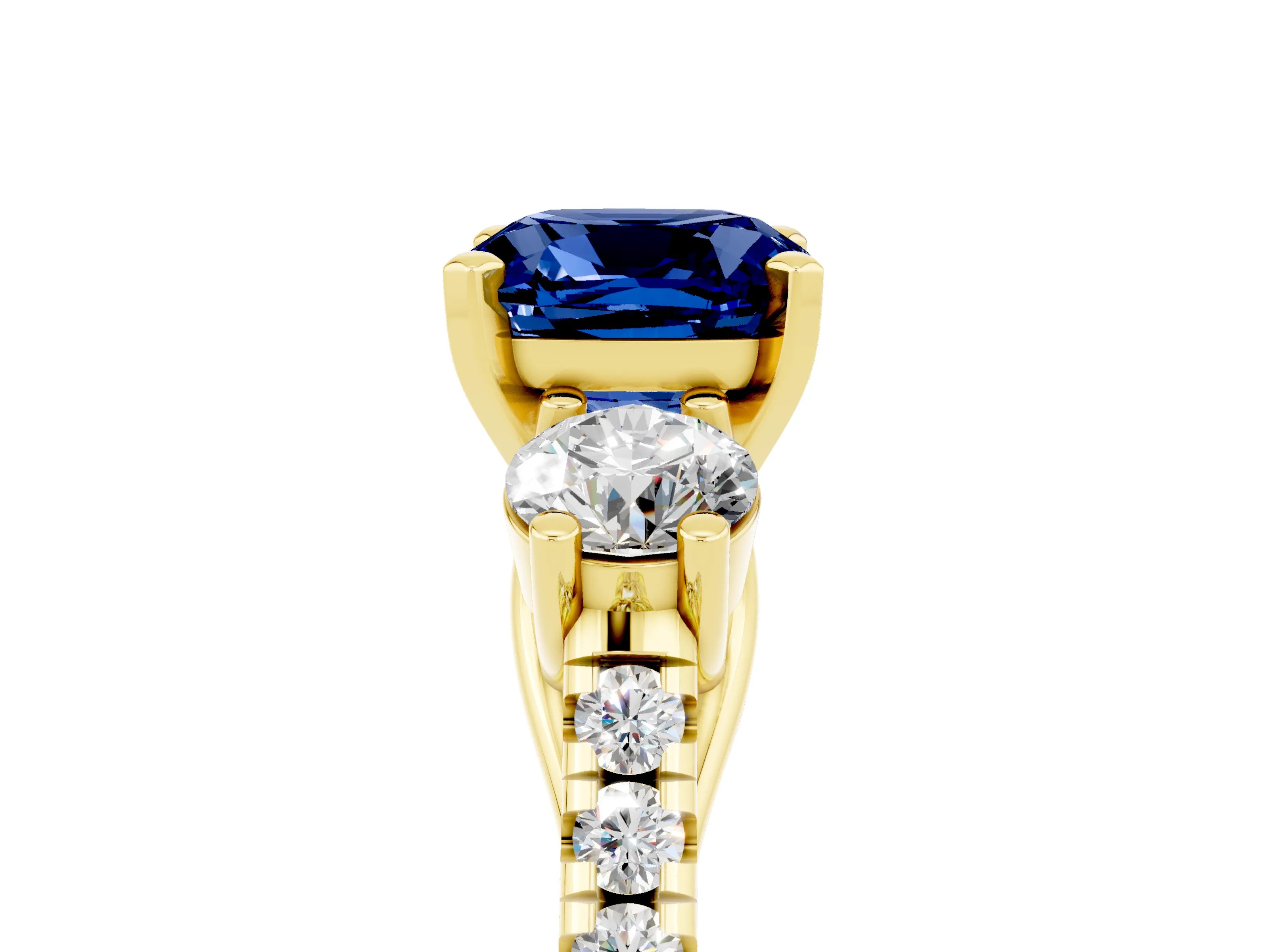 Yellow gold Three-Stone Cushion Cut Blue Sapphire Pavé Band with Four-Prong Setting_5