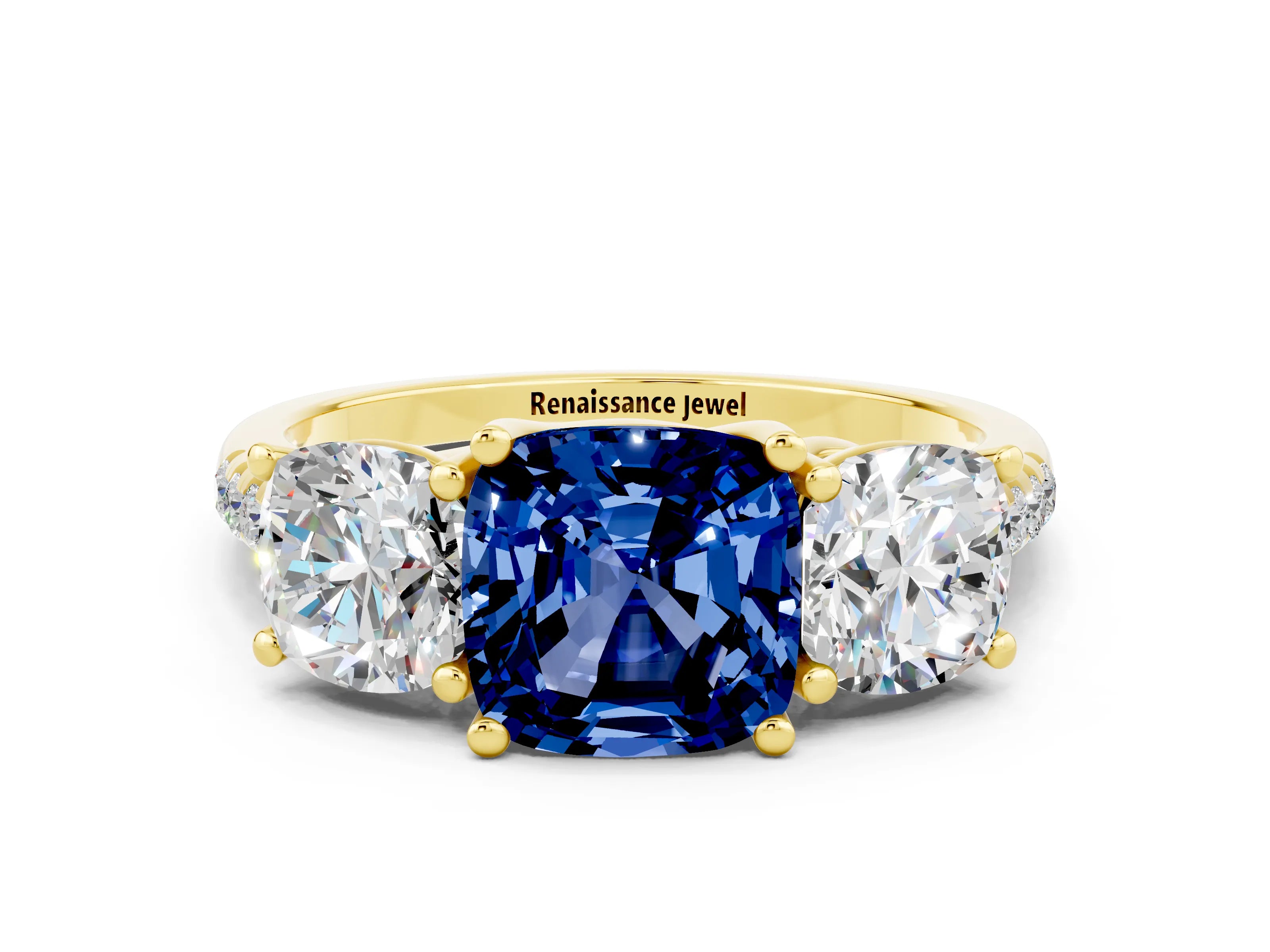 Yellow gold Three-Stone Cushion Cut Blue Sapphire Ring with Pavé Band and Prong Setting_12
