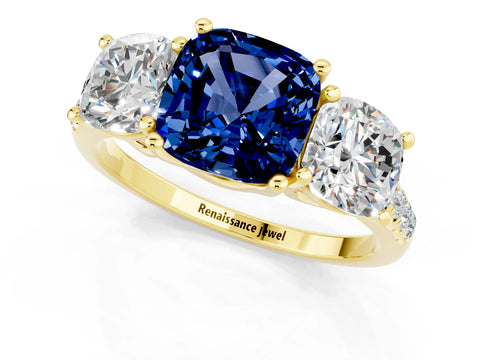 Yellow gold Three-Stone Cushion Cut Blue Sapphire Ring with Pavé Band and Prong Setting_13