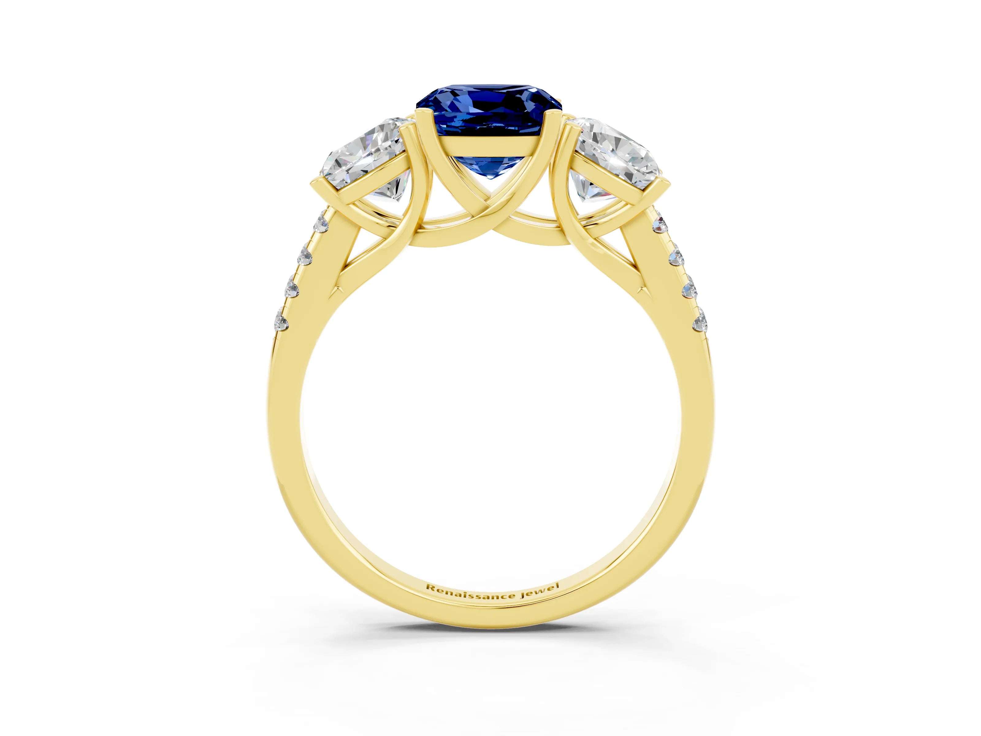 Yellow gold Three-Stone Cushion Cut Blue Sapphire Ring with Pavé Band and Prong Setting_15