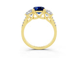 Yellow gold Three-Stone Cushion Cut Blue Sapphire Ring with Pavé Band and Prong Setting_15