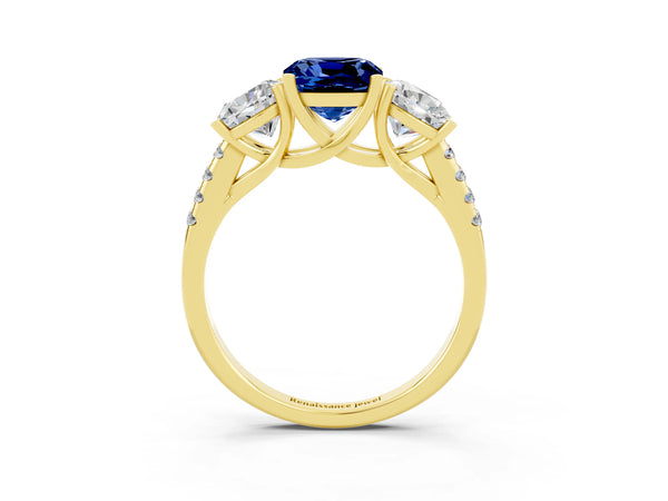 Yellow gold Three-Stone Cushion Cut Blue Sapphire Ring with Round  Pavé Band and Prong Setting