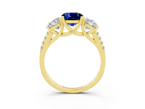 Yellow gold Three-Stone Cushion Cut Blue Sapphire Ring with Pavé Band and Prong Setting_15