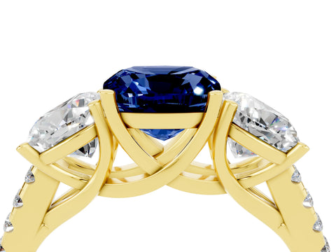 Yellow gold Three-Stone Cushion Cut Blue Sapphire Ring with Pavé Band and Prong Setting_16