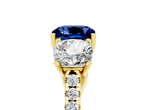 Yellow gold Three-Stone Cushion Cut Blue Sapphire Ring with Pavé Band and Prong Setting_17