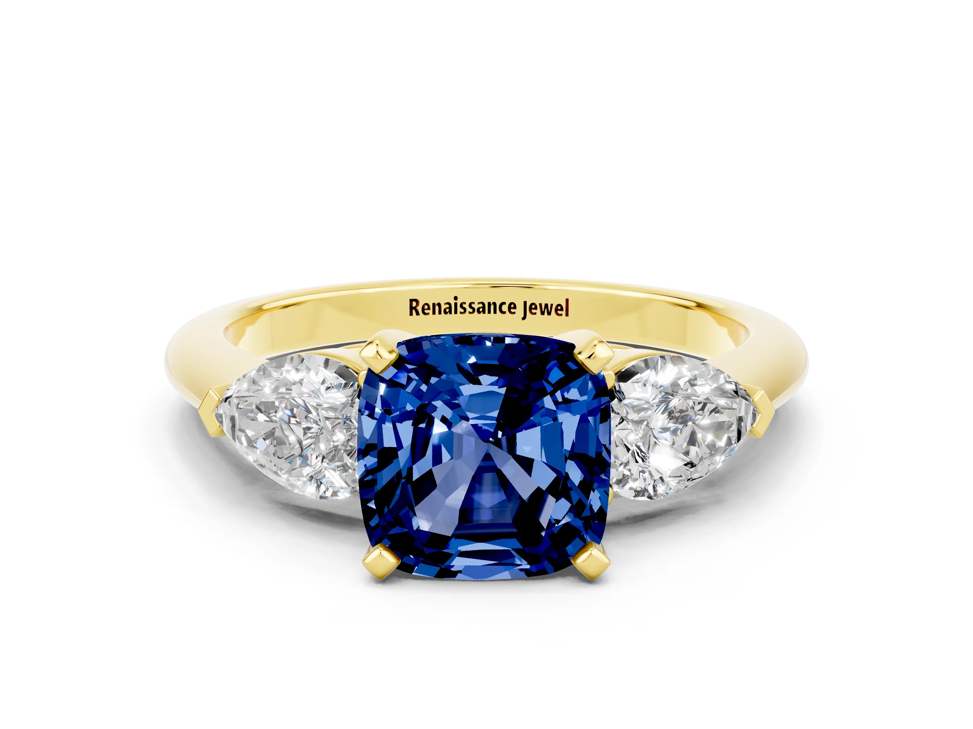 Yellow gold Three-Stone Cushion Cut Blue Sapphire Ring with Pear Side Stones and Four-Prong Setting