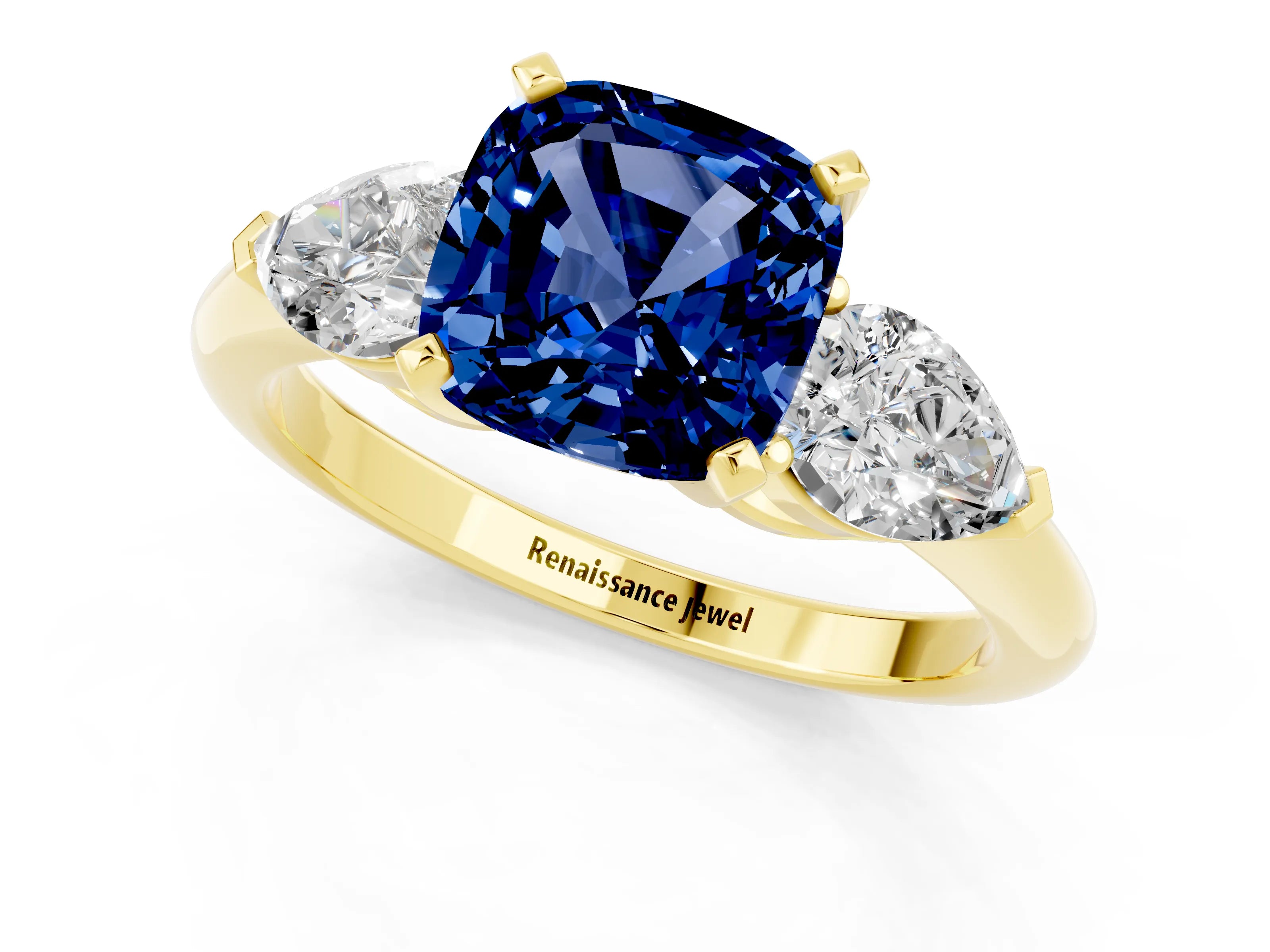 Yellow gold Three-Stone Cushion Cut Blue Sapphire Ring with Pear Side Stones and Four-Prong Setting_1
