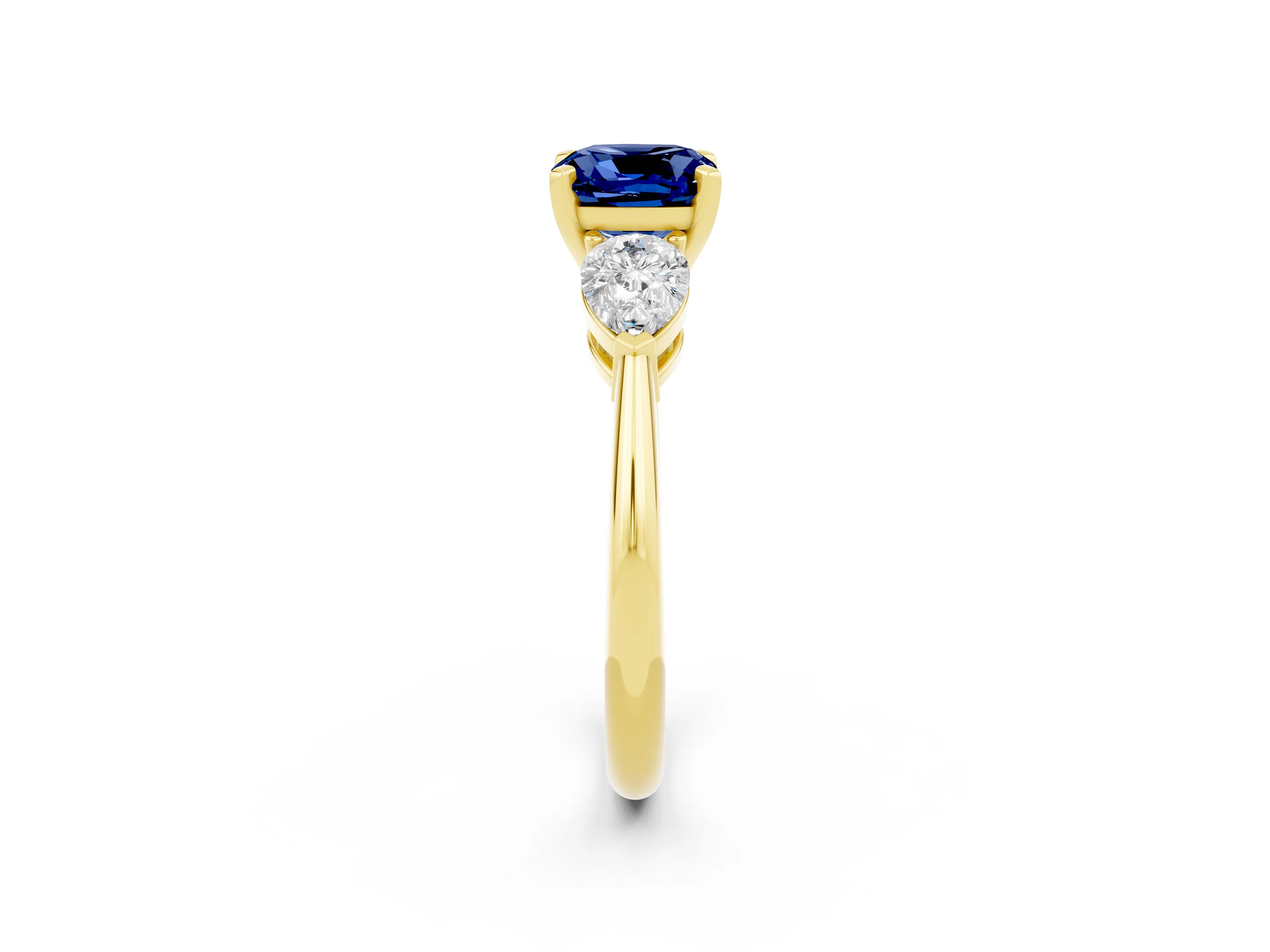 Yellow gold Three-Stone Cushion Cut Blue Sapphire Ring with Pear Side Stones and Four-Prong Setting_2