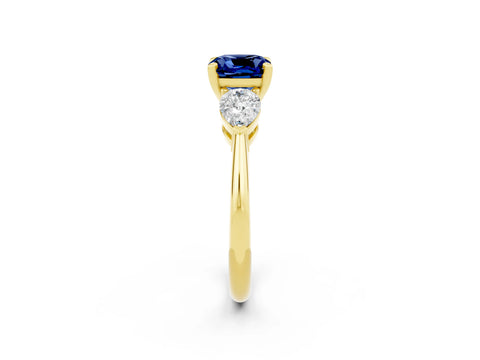 Yellow gold Three-Stone Cushion Cut Blue Sapphire Ring with Pear Side Stones and Four-Prong Setting_2