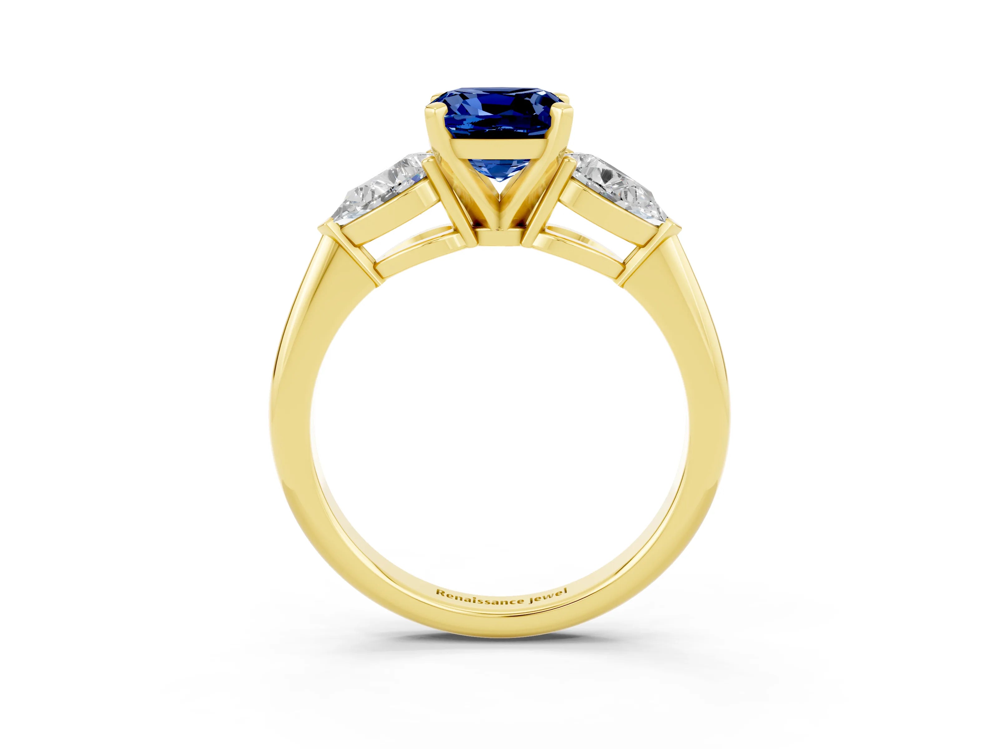 Yellow gold Three-Stone Cushion Cut Blue Sapphire Ring with Pear Side Stones and Four-Prong Setting_3