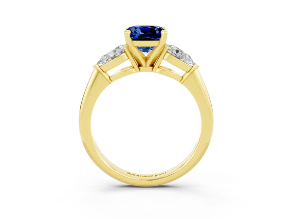 Yellow gold Three-Stone Cushion Cut Blue Sapphire Ring with Pear Side Stones and Four-Prong Setting