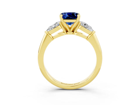 Yellow gold Three-Stone Cushion Cut Blue Sapphire Ring with Pear Side Stones and Four-Prong Setting_3