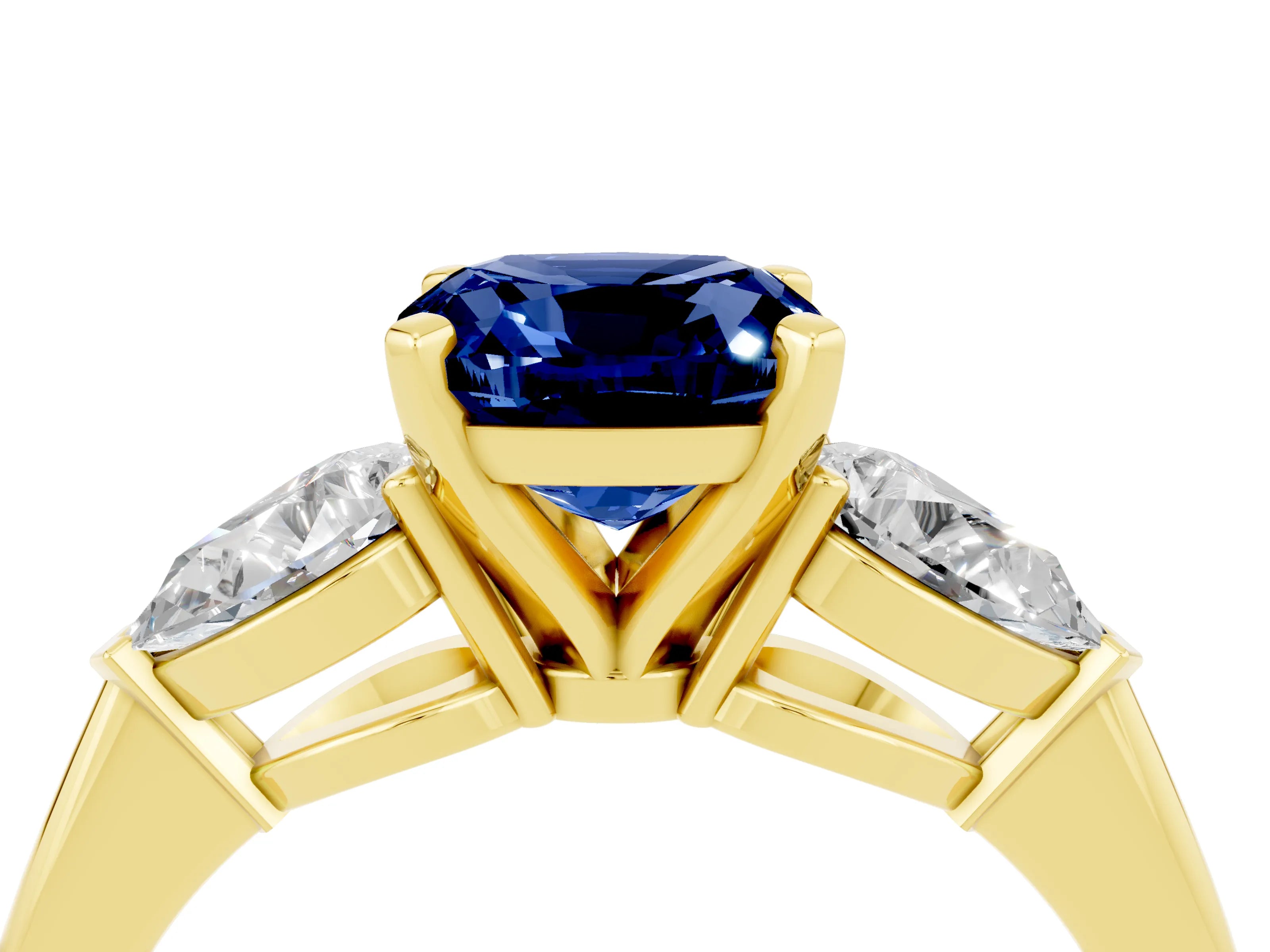 Yellow gold Three-Stone Cushion Cut Blue Sapphire Ring with Pear Side Stones and Four-Prong Setting_4