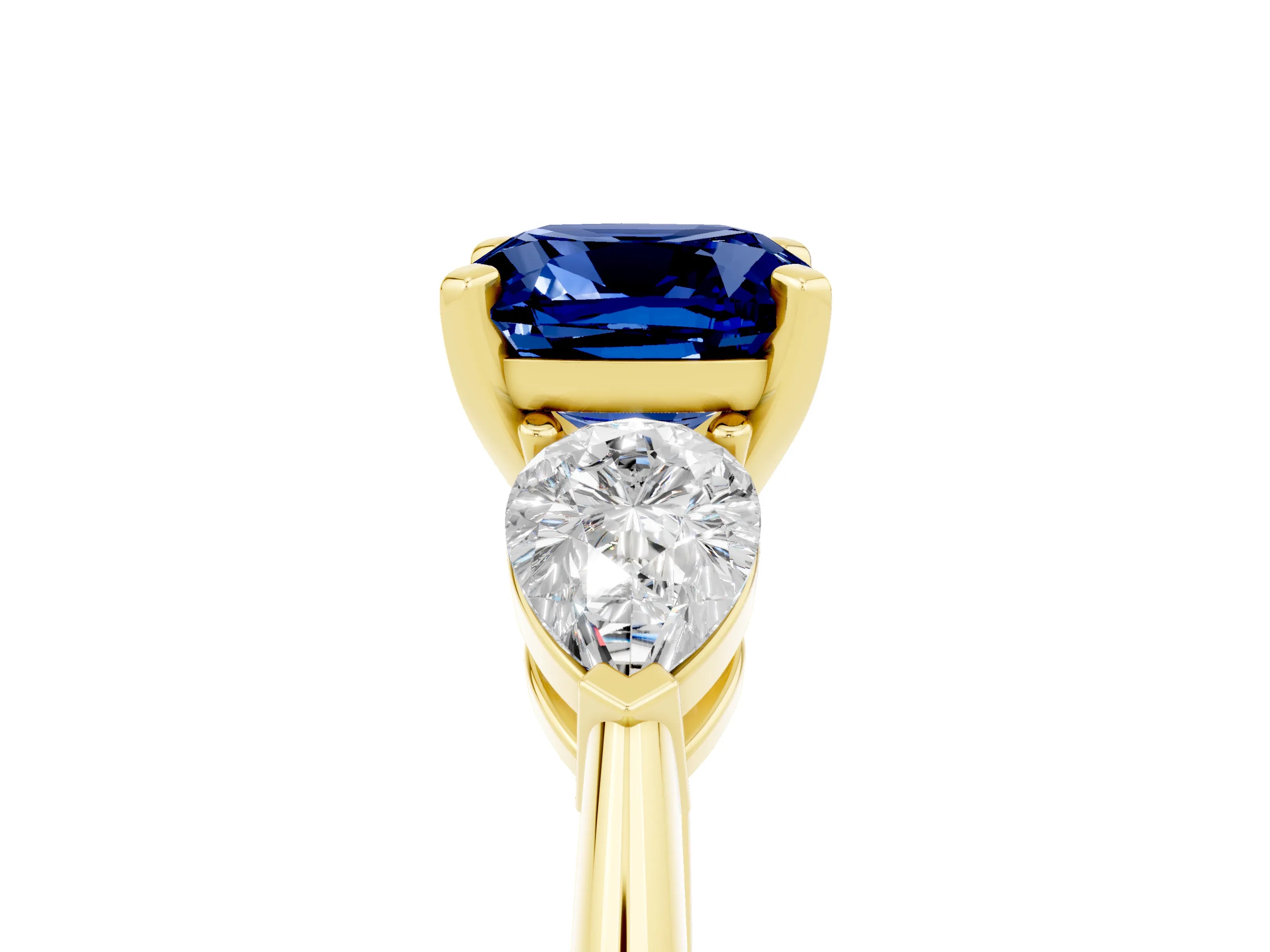 Yellow gold Three-Stone Cushion Cut Blue Sapphire Ring with Pear Side Stones and Four-Prong Setting_5