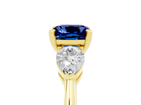Yellow gold Three-Stone Cushion Cut Blue Sapphire Ring with Pear Side Stones and Four-Prong Setting_5