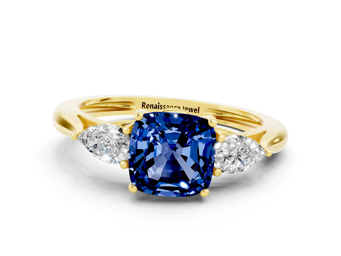 Yellow gold Three-Stone Cushion Cut Blue Sapphire Ring with Pear  Side Stones in Four-Prong Setting_12