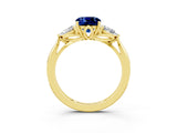 Yellow gold Three-Stone Cushion Cut Blue Sapphire Ring with Pear  Side Stones in Four-Prong Setting_15