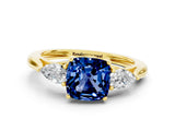 Yellow gold Three-Stone Cushion Cut Blue Sapphire Ring with Pear  Side Stones in Four-Prong Setting_36