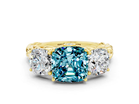 Yellow gold Three-Stone Cushion Cut Blue Topaz Braided Band Ring with Four-Prong Setting_12