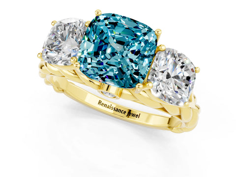 Yellow gold Three-Stone Cushion Cut Blue Topaz Braided Band Ring with Four-Prong Setting_13
