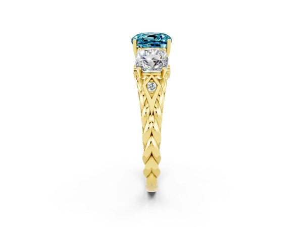 Yellow gold Three-Stone Cushion Cut Blue Topaz Braided Band Ring with Four-Prong Setting