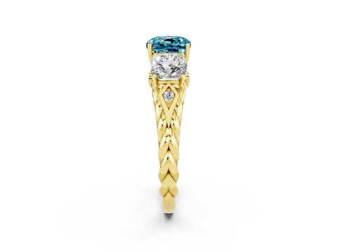 Yellow gold Three-Stone Cushion Cut Blue Topaz Braided Band Ring with Four-Prong Setting_14