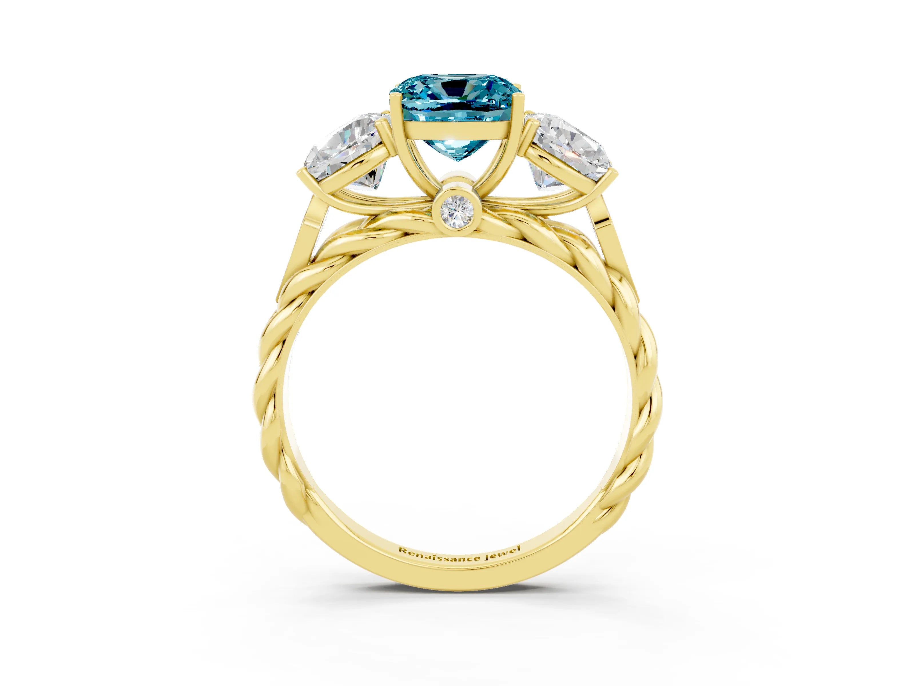 Yellow gold Three-Stone Cushion Cut Blue Topaz Braided Band Ring with Four-Prong Setting_15