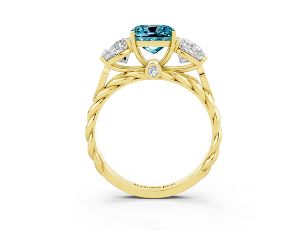Yellow gold Three-Stone Cushion Cut Blue Topaz Braided Band Ring with Four-Prong Setting