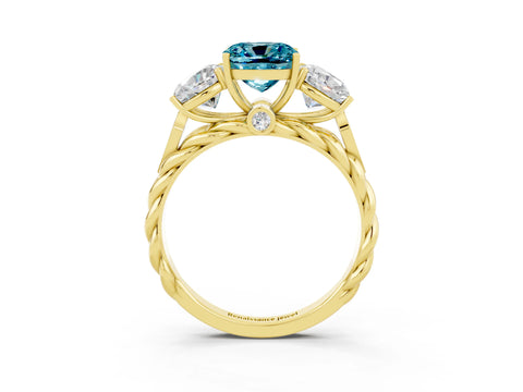 Yellow gold Three-Stone Cushion Cut Blue Topaz Braided Band Ring with Four-Prong Setting_15