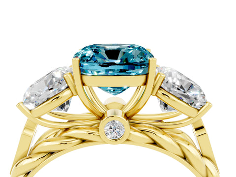 Yellow gold Three-Stone Cushion Cut Blue Topaz Braided Band Ring with Four-Prong Setting_16