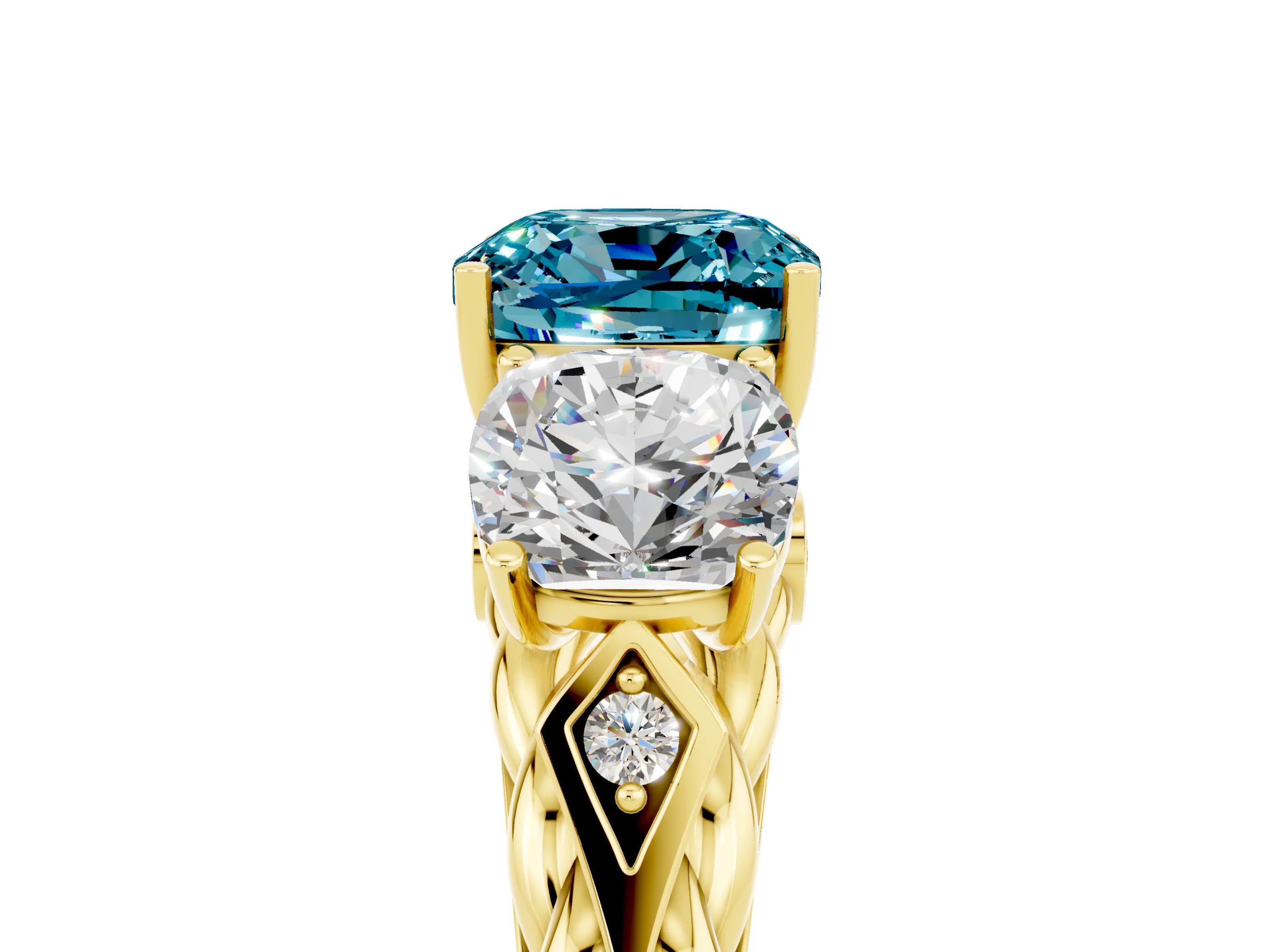 Yellow gold Three-Stone Cushion Cut Blue Topaz Braided Band Ring with Four-Prong Setting_17