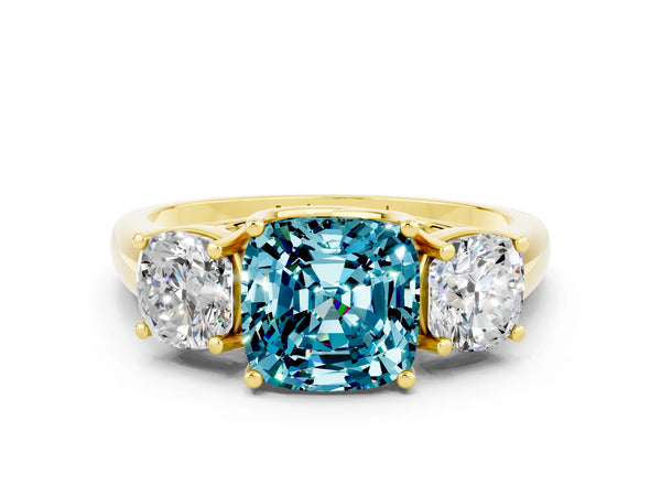 Yellow gold Three-Stone Cushion Cut Blue Topaz Engagement Ring with Prong Setting