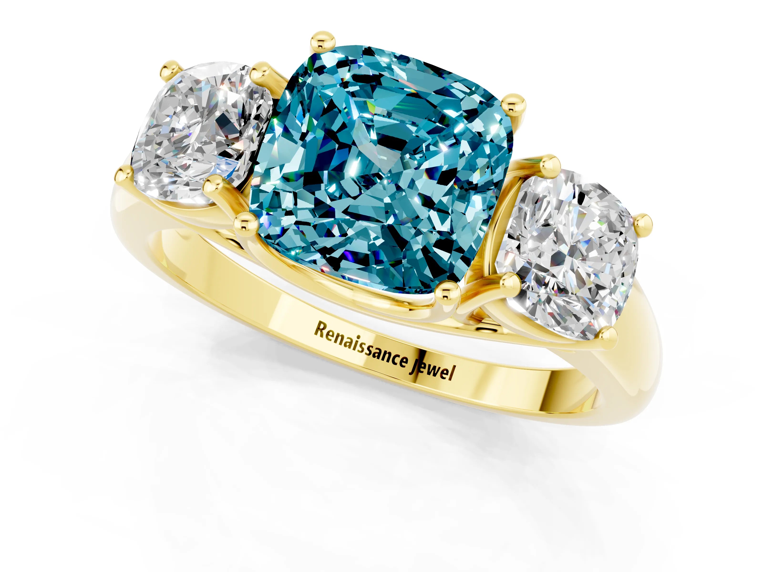 Yellow gold Three-Stone Cushion Cut Blue Topaz Engagement Ring with Prong Setting_1