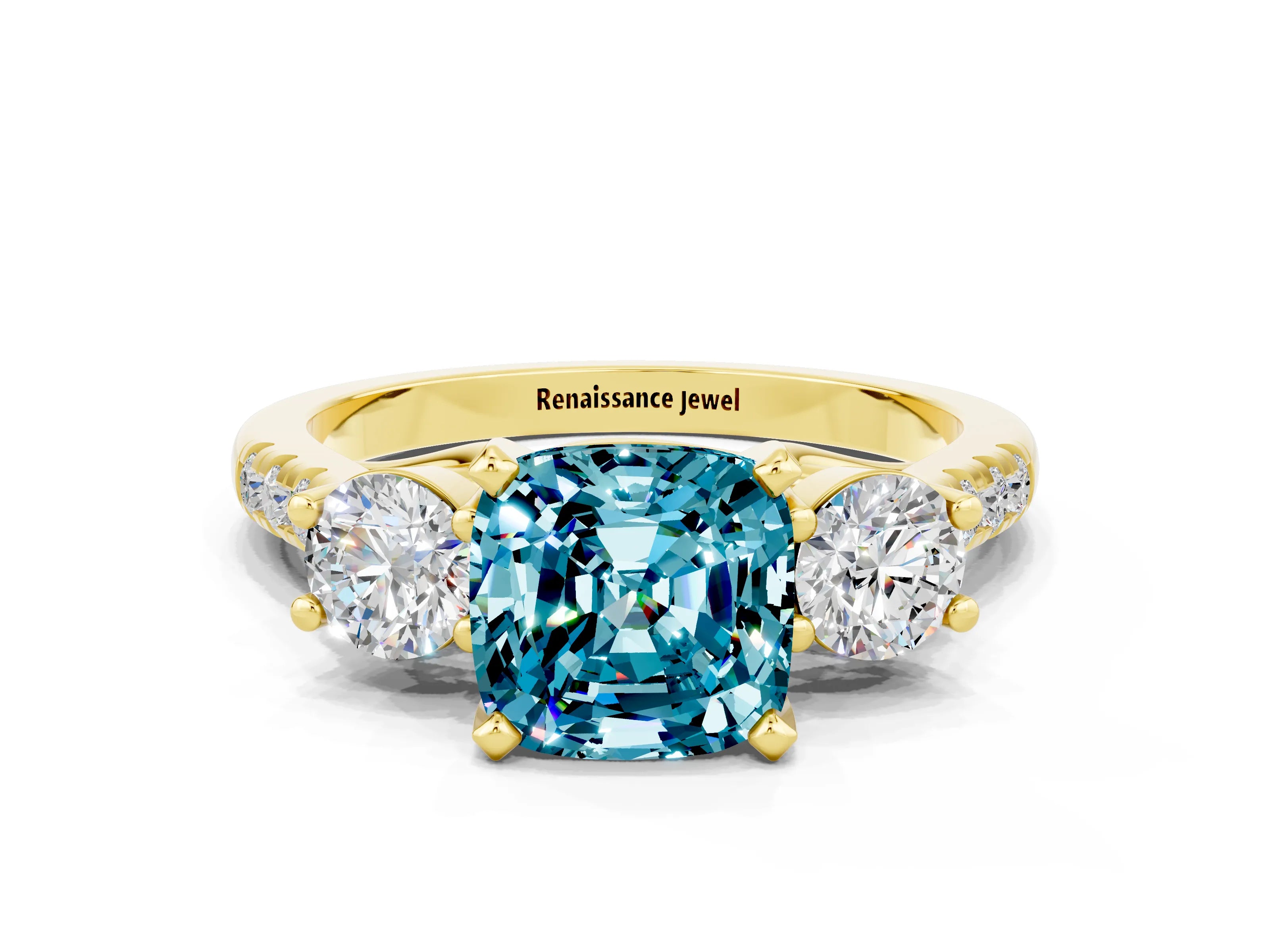 Yellow gold Three-Stone Cushion Cut Blue Topaz Pavé Band with Four-Prong Setting