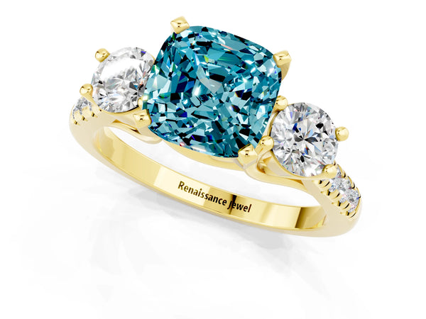 Yellow gold Three-Stone Cushion Cut Blue Topaz Pavé Band with Four-Prong Setting