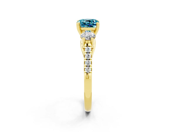 Yellow gold Three-Stone Cushion Cut Blue Topaz Pavé Band with Four-Prong Setting