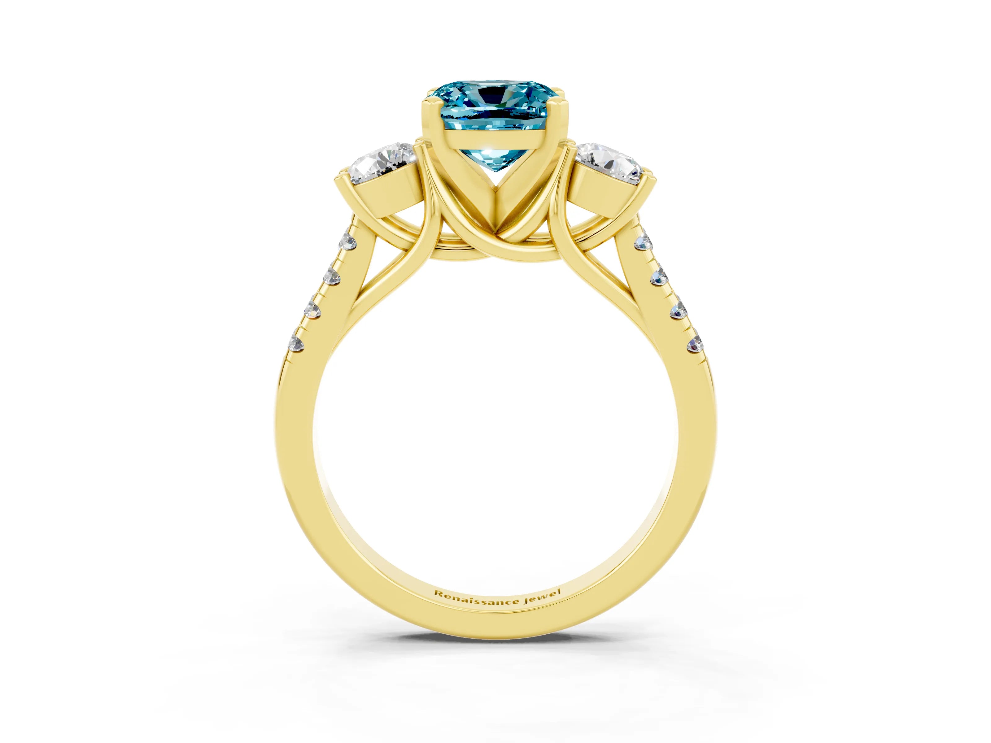 Yellow gold Three-Stone Cushion Cut Blue Topaz Pavé Band with Four-Prong Setting_3