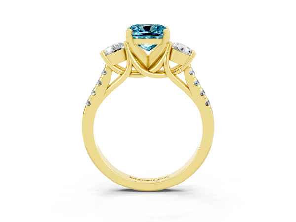 Yellow gold Three-Stone Cushion Cut Blue Topaz Pavé Band with Four-Prong Setting