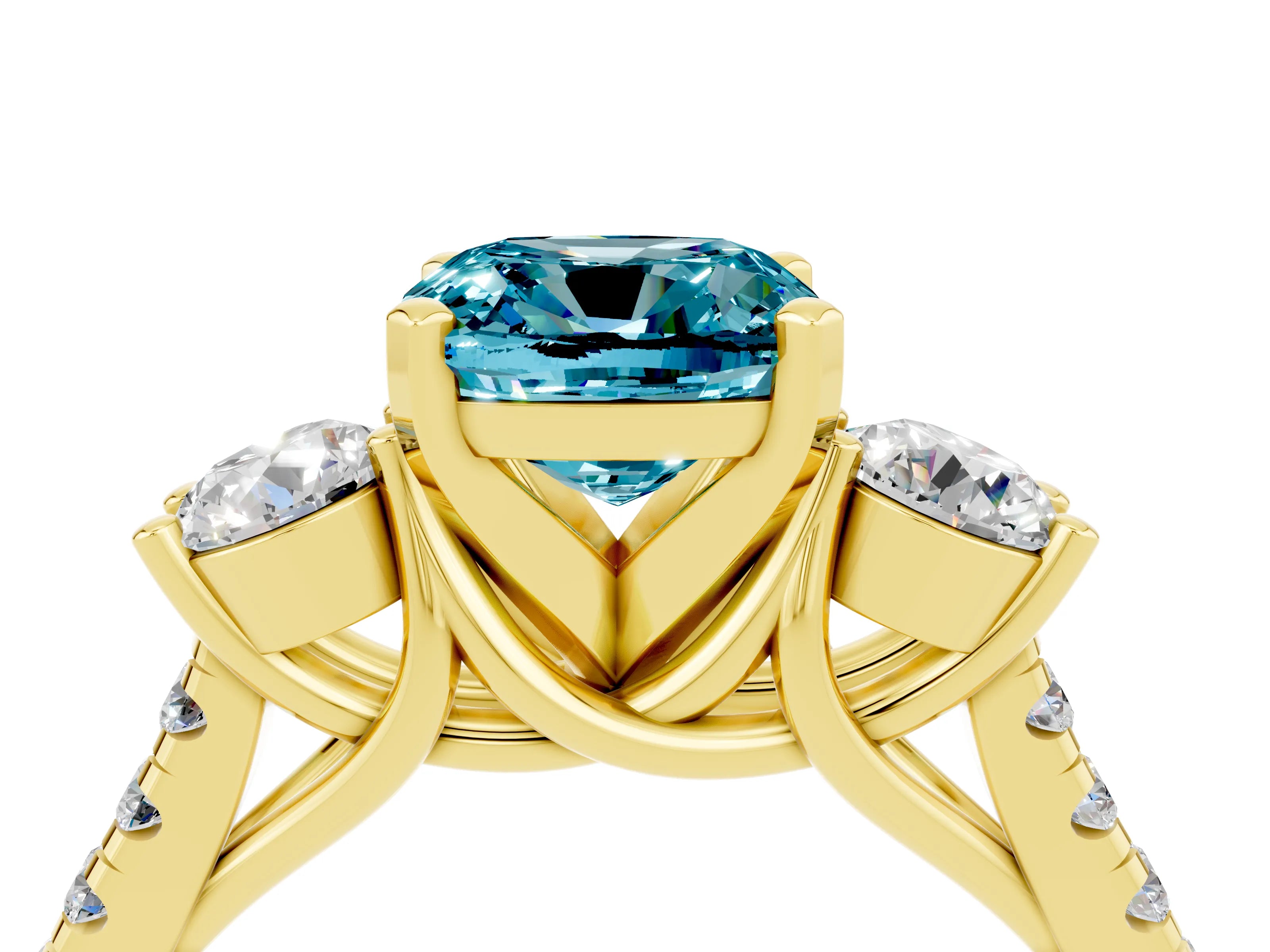 Yellow gold Three-Stone Cushion Cut Blue Topaz Pavé Band with Four-Prong Setting_4