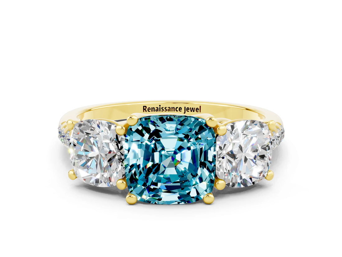 Yellow gold Three-Stone Cushion Cut Blue Topaz Ring with Pavé Band and Prong Setting_12