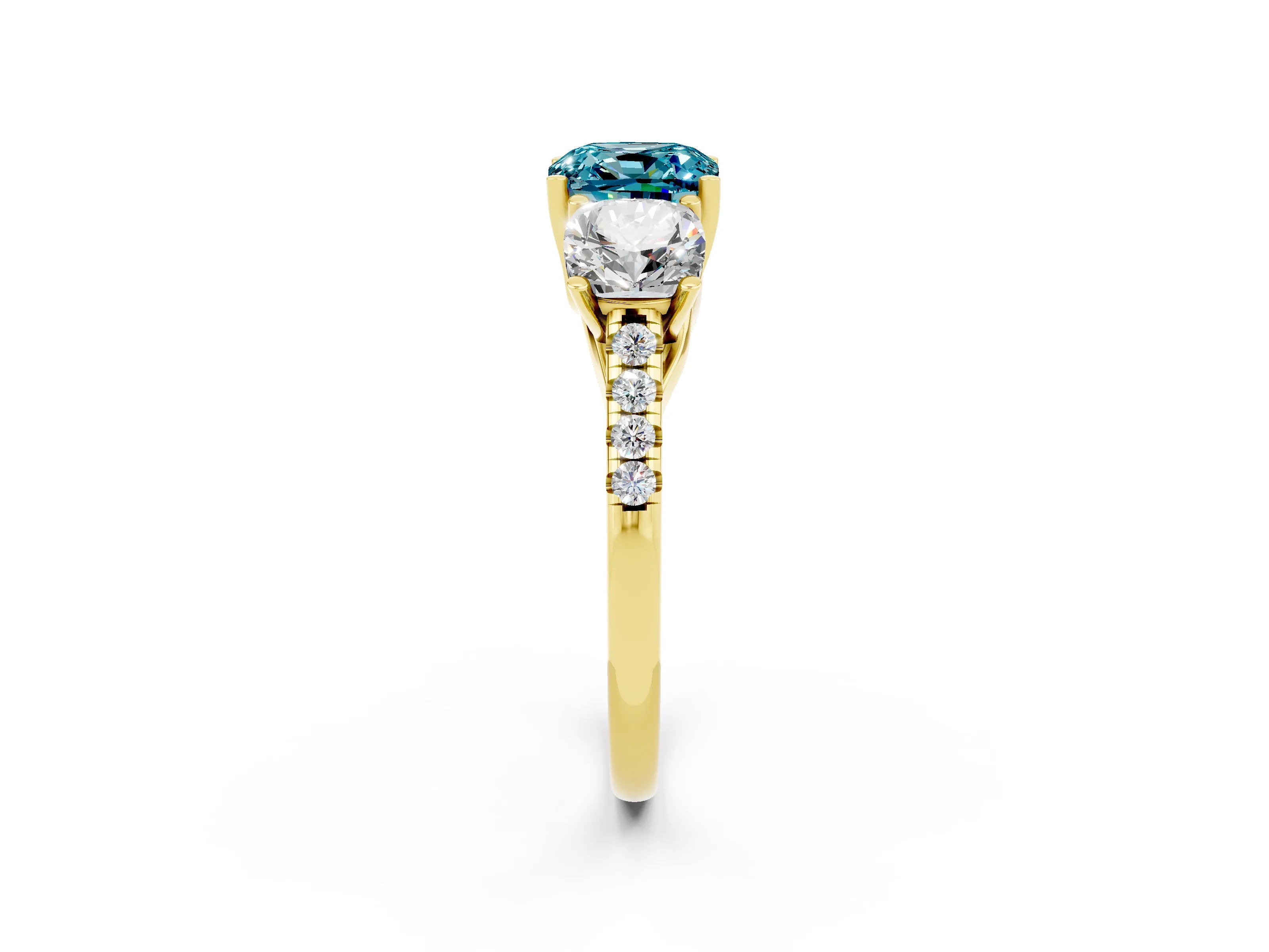 Yellow gold Three-Stone Cushion Cut Blue Topaz Ring with Pavé Band and Prong Setting_14