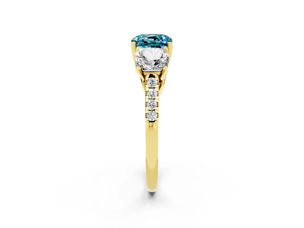 Yellow gold Three-Stone Cushion Cut Blue Topaz Ring with Round  Pavé Band and Prong Setting